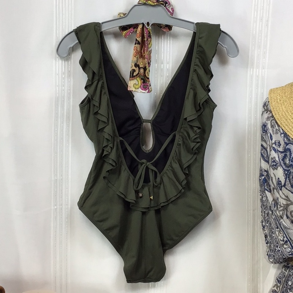 🏖️MICHAEL Michael Kors Khaki Green Ruffled Deep V Front Low Back with Ties - Picture 3 of 8